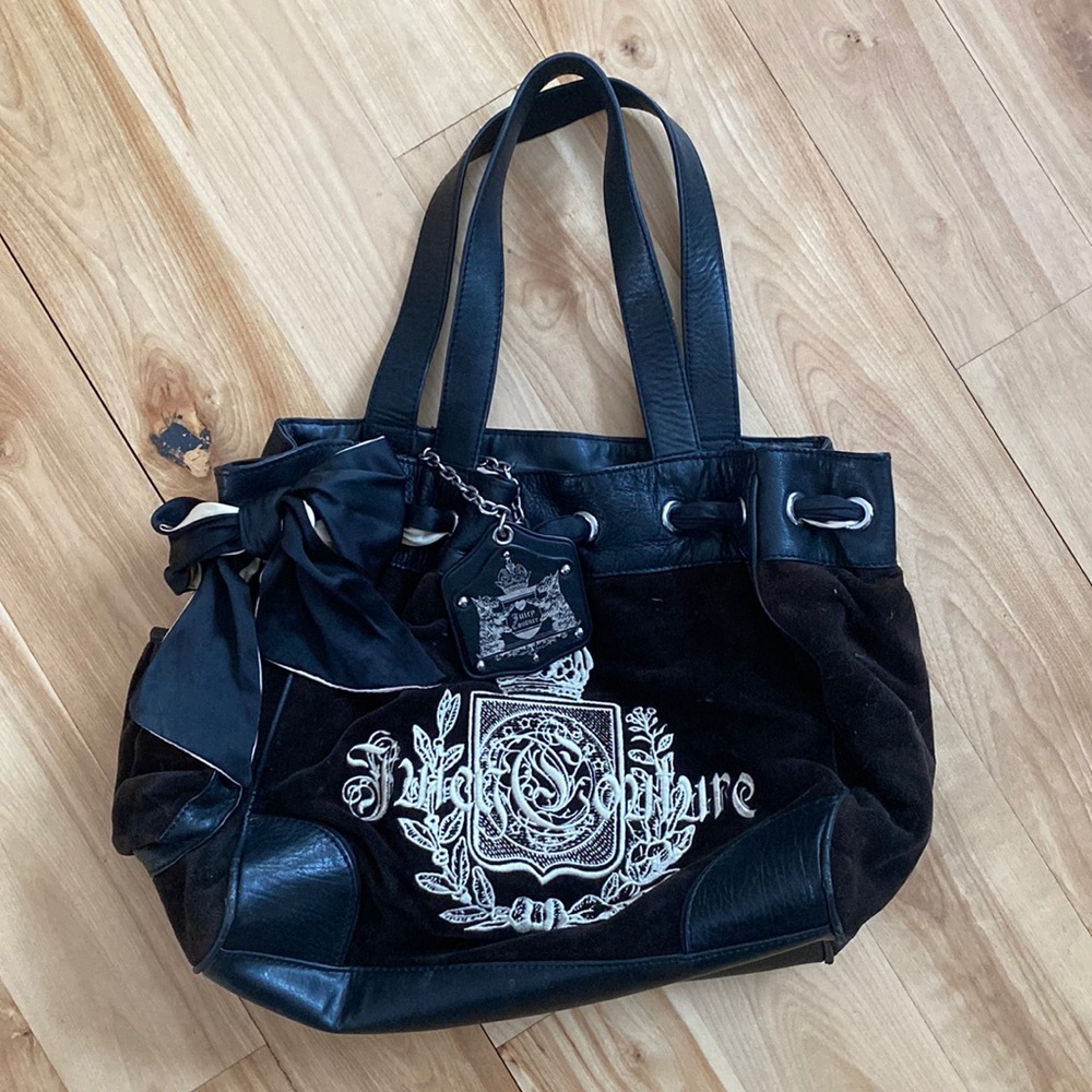 JUICY COUTURE Scotty Embroidery Daydreamer Velour Purse Brown/Black Vintage Y2K